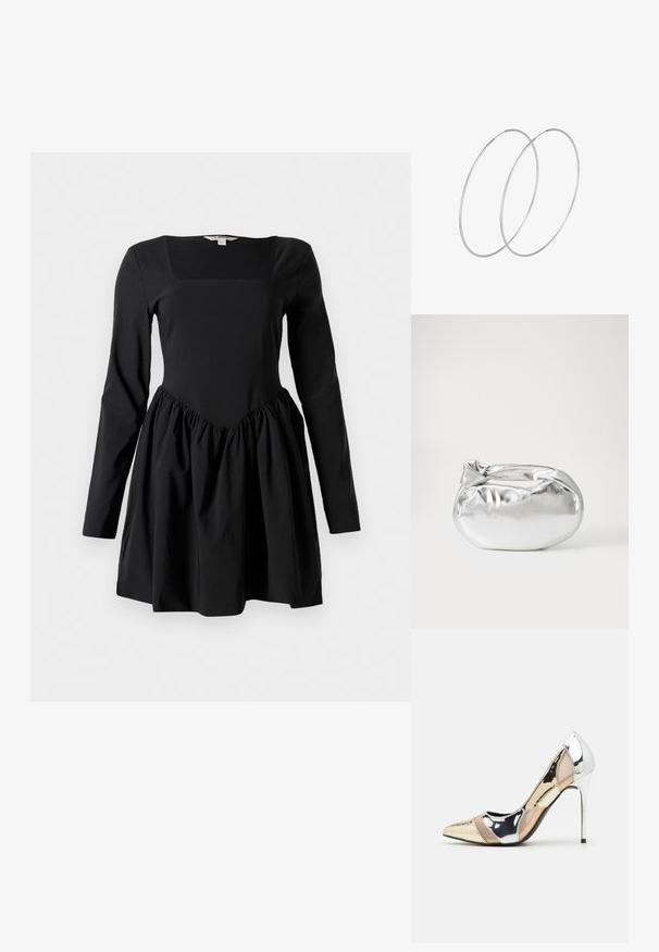 Černé dlouhé šaty s hranatým výstřihem, přiléhavým korzetem a nařasenou sukní. Vyrobeny z měkké látky s hladkým povrchem.; Lodička s špičatou špičkou a kombinací stříbrné, zlaté a tělové barvy. Lesklý povrch s vykrojeným designem, s jehlovým podpatkem.; Stříbrná kovová taška s měkkým, zaobleným tvarem a uzávěrem s uzlem. Vyrobena z hladké umělé kůže.; Stříbrné kruhové náušnice s minimalistickým designem. Kruh, hladký povrch a tenký profil. Lehká konstrukce s lesklým povrchem.