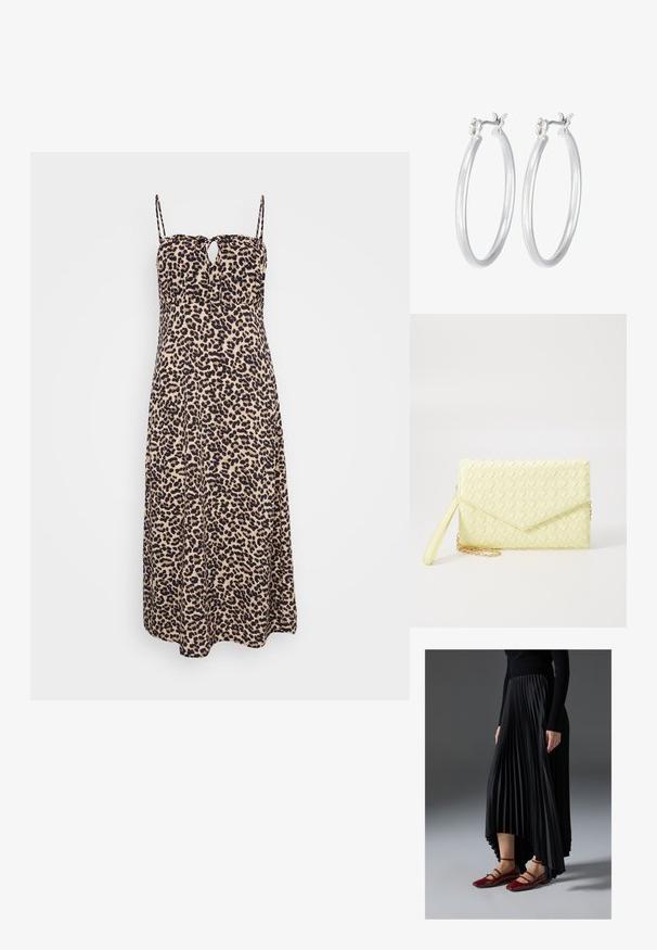 Maxi obleka z leopardjim vzorcem in tankimi naramnicami, z detajlom ključavnice na dekolteju. Narejena iz mehkega materiala z tekočo silhueto.; Črna nabrana krila z višjim sprednjim in nižjim zadnjim delom, kombinirana z sijočimi rdečimi balerinkami s trakastim dizajnom. Tkanina ima gladko teksturo.; Rumena pletena torbica za ključe z zapiralom, odstranljivim zapestnim trakom in zlatim verižnim poudarkom. Gladka tekstura in pravokotna oblika.; Srebrni obroči za ušesa z gladko, polirano površino. Okrogla oblika in varna zaponka s klikom. Lahka zasnova, primerna za vsakodnevno nošenje.