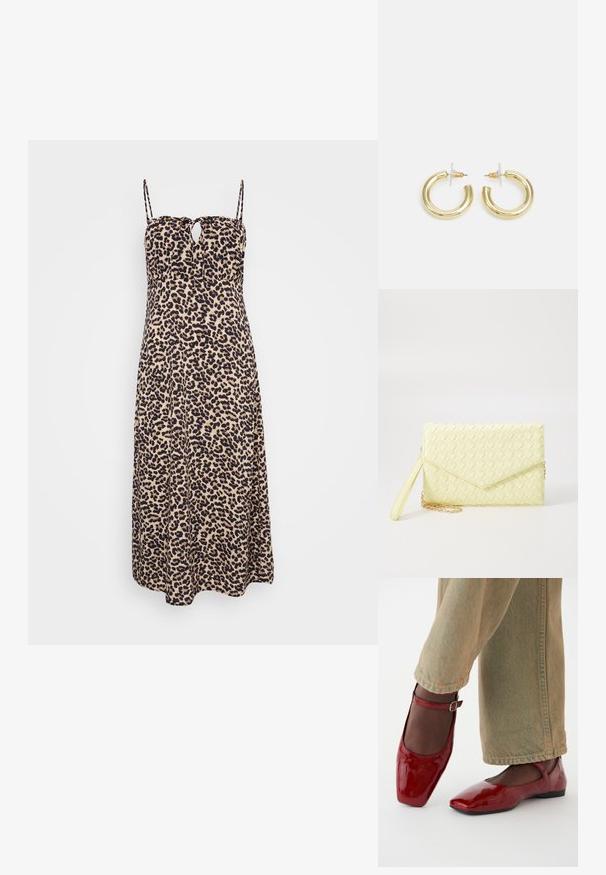 Maksiduga s uzorkom leoparda s tankim naramenicama, s detaljem u obliku ključa na dekolteu. Izrađena od mekog materijala s lepršavim siluetom.; Crvene lakirane cipele s kvadratnim vrhom, niskom petom i remenom oko gležnja, uparene s laganim svijetlozelenim širokim trapericama. Glatka tekstura, reflektirajuća površina.; Žuta pletena novčanica s preklopnim dizajnom, odvojivim remenom za zapešće i zlatnim lancem kao ukrasom. Glatka tekstura i pravokutni oblik.; Zlatne kružne naušnice s glatkom, sjajnom završnom obradom. Kružni dizajn s malom potporom i prozirnom podlogom za sigurno nošenje.