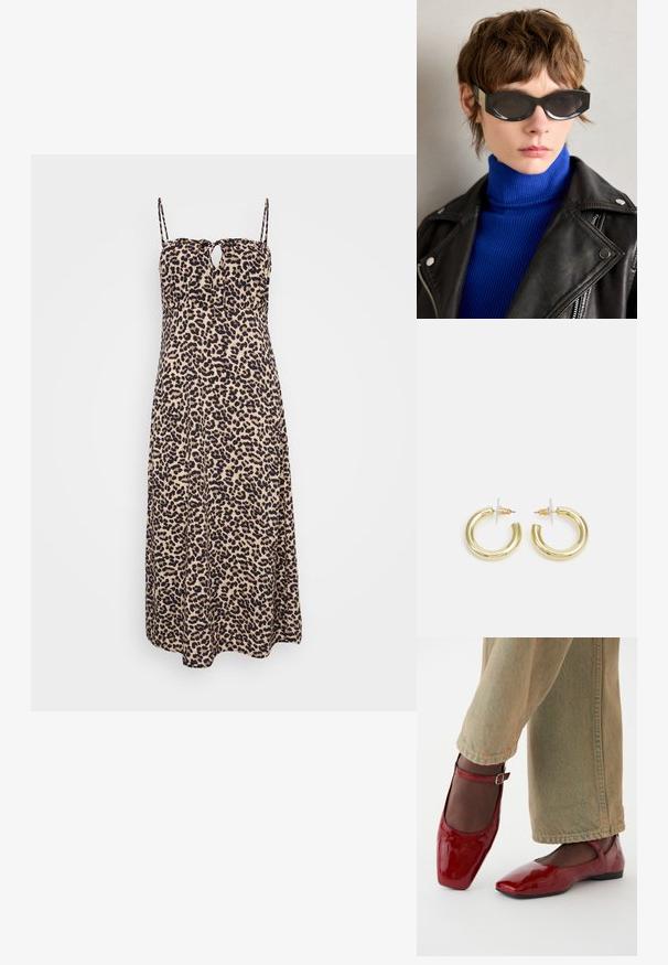 Lietussargu raksta maksi kleita ar spageti siksnām, ar atslēgas caurumu detaļu krūtīs. Izgatavota no mīksta auduma ar plūstošu siluetu.; Sarkanie lakota ādas apavi ar kvadrātveida purngalu, zemu papēdi un potītes siksniņu, savienoti ar gaiši zaļiem platiem biksēm. Gluda tekstūra, atstarojoša virsma.; Melni saules brilles ar noapaļotām malām un tonētiem stikliem. Ar zeltītu aksesuāru uz tempļiem. Valkātas ar zilu ribotu tērpe un ādas jaku.; Zelta auskari ar gludu, spīdīgu apdari. Apaļš dizains, kas ietver mazu tapu un caurspīdīgu pamatni drošai valkāšanai.