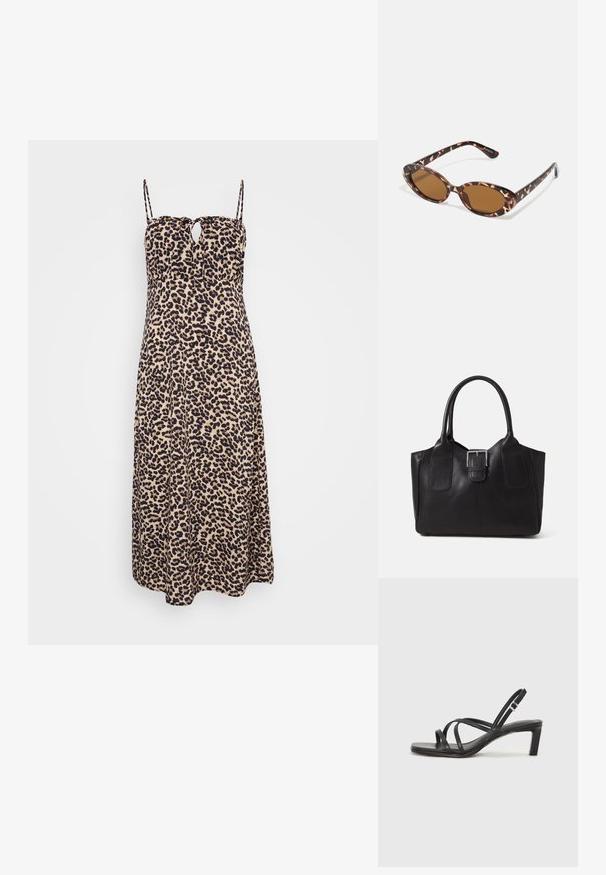 Maksiduga s uzorkom leoparda s tankim naramenicama, s detaljem u obliku ključa na dekolteu. Izrađena od mekog materijala s lepršavim siluetom.; Crne sandale s trakama, kvadratnim prstom i niskom blok petom. Ima više tankih trakica i podesivu trakicu oko gležnja. Izrađene su od glatke kože.; Naočale od kornjače s ovalnim lećama, smeškanim tonovima, tanke nogice s teksturiranim uzorkom, lagani plastični okvir.; Crna kožna torba za nošenje s glatkom teksturom, strukturiranim oblikom, dvije ručke i istaknutim srebrnim kopčanjem na prednjoj strani.; Srebrna dvostruka prsten s glatkom, poliranom površinom. Karakterizira ga fluidan, zakrivljen dizajn s preklapajućim sekcijama za moderan izgled.