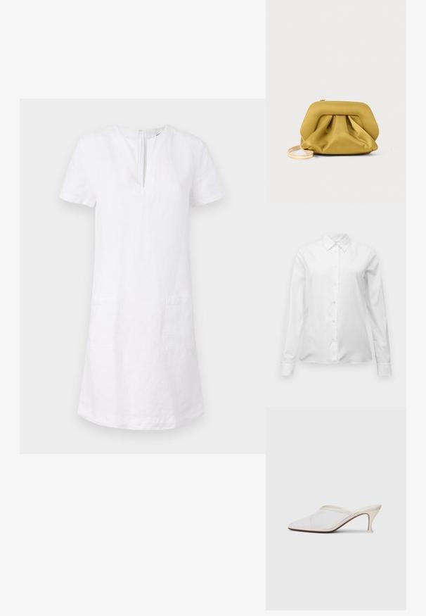 ASPESI ABITO - Nappali ruha - white; Fehér, hosszú ujjú, gombos ing, hegyes gallérral, testhez simuló szabású és mandzsettával, sima fehér háttér előtt bemutatva.; Fehér hálós, hegyes orrú mules cipő, vékony, középmagas sarkával és slip-on kialakításával, egyszerű háttér előtt.; Sárga, puha tapintású clutch táska kialakított felső résszel, ráncolt aljjal és vékony, levehető pánttal. Cipzáras zárás a tetején.