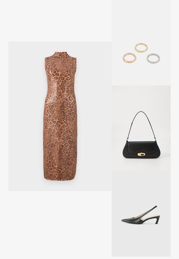 Bezlankio midi suknelė ryškiu leopardų raštu. Turi aukštą apykaklę ir prigludusį siluetą. Medžiaga atrodo lygi ir tekstūrinė.; Juodas smailus slingback batelis su žemu kulnu, pagamintas iš lygaus odos paviršiaus ir su išpjovomis šone, užtikrinančiomis oro pralaidumą.; Juodas odinis rankinės su išlenktu dizainu, auksinių atspalvių furnitūra ir viršutine rankena. Savybės - stilingas uždarymas ir glotni tekstūra.; Trys metalinės žiedai: vienas rožinės aukso, vienas auksinis su tekstūruotais akcentais ir vienas sidabrinis, visi su įmintu ženklinimu vidinėje juostoje.