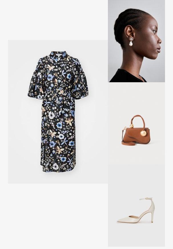 MUNTHE PALMETTO - Φόρεμα ημέρας - black; Λευκό δερμάτινο ψηλοτάκουνο παπούτσι με μυτερή μύτη, λουρί στον αστράγαλο και λεπτό τακούνι στιλέτο. Λείος υφή με διακριτική γυαλιστερή επιφάνεια.; Καφέ δερμάτινη τσάντα χειρός με κυματιστό σχέδιο, που διαθέτει δύο κυκλικές χρυσές λεπτομέρειες και αποσπώμενο ιμάντα ώμου για ευέλικτη μεταφορά.; Tory Burch STAR DROP EARRING - Σκουλαρίκια - silver-coloured