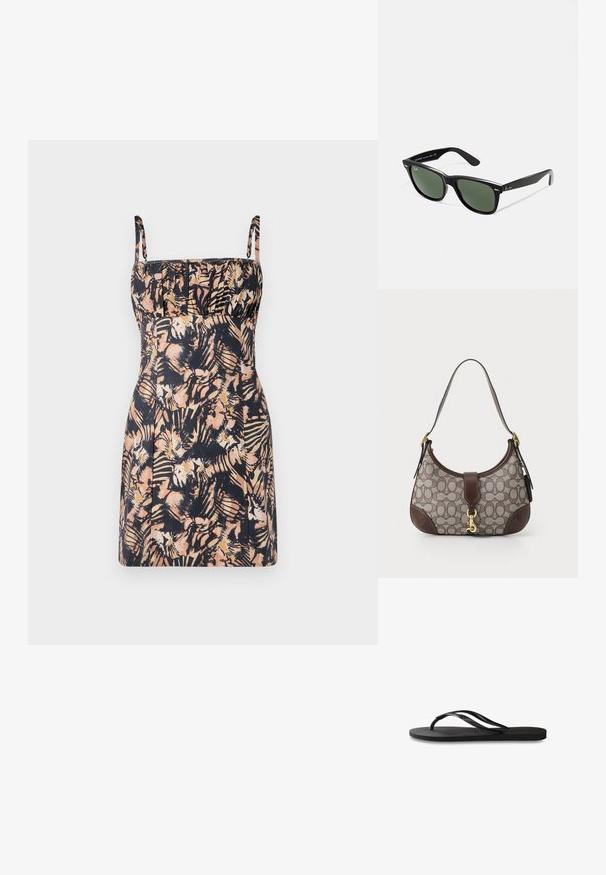 Haljina bez rukava u tamnom cvjetnom uzorku s pastelnim ružičastim i krem nijansama. Ima usko tijelo, naborane detalje i ravni rub.; Crne japanke s teksturiranom gumenenom potplatom, dva uska remena i suptilnim, urezanim logom na remenu.; Crne plastične sunčane naočale s zelenim staklima, kvadratni okviri, srebrni naglasak na obrvi i teksturirane ručke. Naziv brenda naveden na unutrašnjoj strani ručke.; COACH HAMPTONS HOBO BAG IN SIGNATURE JACQUARD - Ručna torba - oak maple
