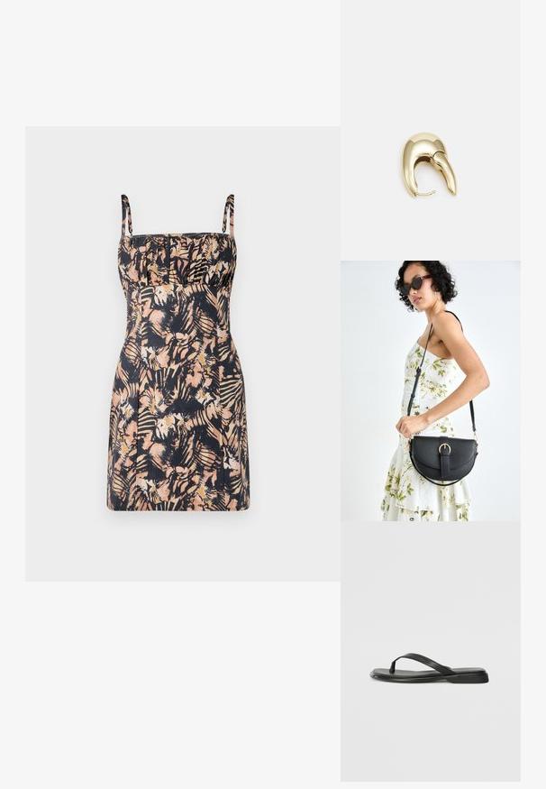 Brezrokavni šaty s temno cvetličnim vzorcem in pastelnimi odsevi rožnate in smetane. Ima prilegajoč trup, nabran detajl in ravno spodnji rob.; Črne japanke iz gladke usnjene materiale, z tankim trakastim dizajnom in ravnim podplatom minimalnega profila. Brez opaznih vzorcev ali dodatkov.; Črna usnjena torbica s ukrivljeno obliko, z odstranljivo naramnico in zlatimi dodatki. Torbica ima pokrov s podrobnostmi v obliki zaponke.; Uhane nakit iz zlatastega tona z gladko, ukrivljeno zasnovo. Ima edinstveno koničasto obliko, polirano površino in zaponko s tečajem.