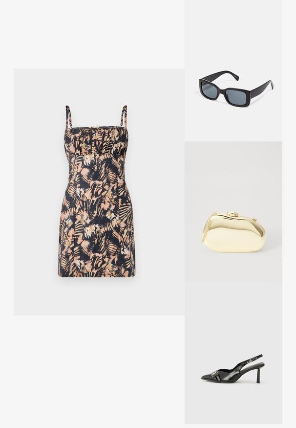Sleeveless dress in a dark floral pattern with pastel pink and cream accents. Features a fitted bodice, gathered detailing, and straight hemline.; Black patent leather slingback shoe with pointed toe, ankle straps featuring silver buckles and hardware, and a slender heel.; Black rectangular sunglasses with dark tinted lenses, thick plastic frame, and wide temples. Smooth surface and angular design.; Metallic gold clutch with a smooth, rounded shape, featuring a top button clasp and a small chain strap for carrying.