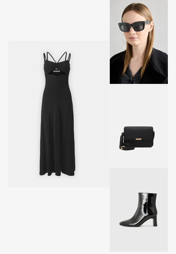 Samsøe Samsøe SAMADDI DRESS - Dzsörzéruha - black; Fekete lakk bőrcipő bokáig érő, hegyes orral és közepes magasságú tömbsarokkal. Simább textúrával és minimalista dizájnnal rendelkezik.; Fekete macskaszem napszemüveg sötét lencsékkel, vastag kerettel és diszkrét díszítésekkel. Fekete kabátot és szürke felsőt visel, hosszú egyenes hajjal.; Fekete bőr keresztpántos táska, fedélzáras kialakítással, arany színű részletekkel, állítható pánttal és textúrált felülettel. Kompakt, téglalap alakú forma.