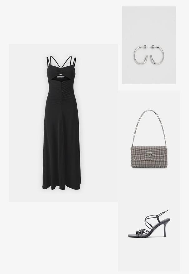 Samsøe Samsøe SAMADDI DRESS - Džersio suknelė - black; Juodos aukštakulnės sandalai pasižymi plonyčiais dirželiais su mazgo dizainu, lygiu kvadratiniu pirštu ir elegantišku stiletto kulnu.; Šviesiai pilka metalinė rankinė su grandinėlės dirželiu, papuošta mažais apvaliais metaliniais smeigėmis ir trikampiu prekės ženklu.; Sidabrinės auskarai žiedai su lygiu, blizgiu paviršiumi. Suapvalinta forma, lengvas dizainas, su uždarymu ant smeigtuko.