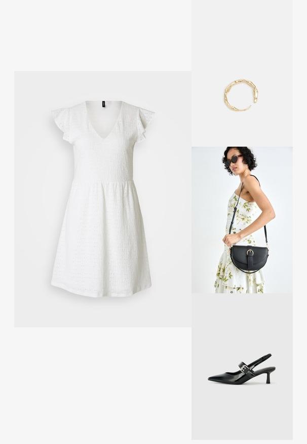 Balta trumpų rankovių suknelė su gilia V formos iškirpte, pagaminta iš tekstūruoto audinio su aklųjų raštais, su plačia forma ir raukšlėtomis rankovėmis.; Juodai lakuoti slingback aukštakulniai su smailiu kojų pirštu ir mažais blokiniais kulniukais, su sidabro sagtimi ant dirželio.; Juodas odinis krepšys su išlenkta forma, nuimamu dirželiu ir auksiniais detalėmis. Krepšys turi kilpą su sagtimi.; Auksinės spalvos žiedas, turintis organišką, sukimosi dizainą su lygiu paviršiumi ir siaurėjančiais galais, sukuriantis modernią skulptūrinę išvaizdą.