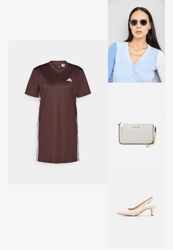 Barna sportos ruha sima anyagból, V-nyakkal, rövid ujjakkal és fehér oldalsávokkal. Az Adidas logo a fronton látható.; Fehér slingback sarok, hegyes orral, sima felső anyaggal, alacsony blokk sarkával és oldalsó kivágott dizájnnal, állítható csatpánttal.; Kerek napszemüveg sötét lencsékkel és arany kerettel. A modellen világoskék, bordázott kardigán van gombokkal és kontrasztos fehér ujjaival.; Michael Kors bézs bevonatos vászon karkötő, amely ismétlődő MK logó mintával, aranyszínű fémrészletekkel és levehető lánchordóval rendelkezik.