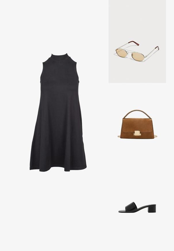 Čierne šatové šaty bez rukávov s vysokým golierom, vyrobené z mäkkej, elastickej tkaniny. A-línia dizajnu má voľný strih a hladkú textúru.; Čierne kožené sandále s otvorenou špičkou, širokým pásikom a pevným blokovým podpätkom. Majú hladký povrch a minimálny dizajn.; Kovové slnečné okuliare s oválnymi, svetlohnedými tónovanými sklami. Úzky strieborný rám so štruktúrovanými akcentmi a červenohnedými koncami na ramenách.; Hnedá semišová kabelka so zlatým štvorcovým uzávery, hornou rukoväťou a reťazovým popruhom. Má obdĺžnikový tvar a zaoblené okraje.