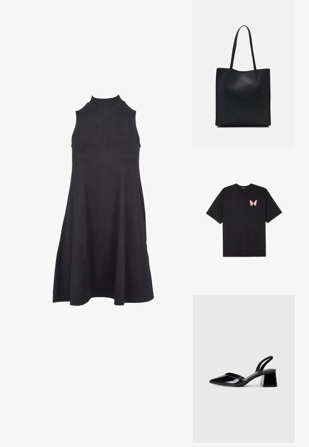 Crna haljina bez rukava s visokim izrezom, izrađena od mekanog, rastezljivog materijala. A-linijski dizajn ima labav kroj i glatku teksturu.; Crna pamučna majica s kratkim rukavima, s malim grafičkim prikazom ružičaste vjetricaste s desne strane na prsima. Dizajn s okruglim izrezom i opuštenim krojem.; Crne lakirane kožne sandale s otvorenom petom i špicastim vrhom, s geometrijskom blok petom. Imaju elegantan, minimalistički dizajn i glatku teksturu.; Crna kožna torba za nošenje s glatkom teksturom, pravokutnim oblikom i dvije duge ručke. Nema vidljivih metalnih dijelova ili ukrasa.