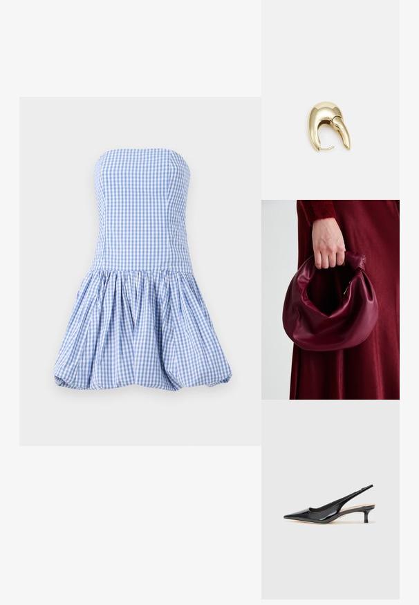 Cipzár nélküli ruha kék és fehér kockás mintával, amely testhez simuló felsőrésszel és fodros, bővülő szoknyával rendelkezik, amely texturált felülettel bír.; Fekete lakk bőr slingback női cipő, hegyes orral és karcsú, közepes magasságú talppal. Simább textúrájú, minimalista dizájn elemekkel.; Burgundi bőrtáska puhán ráncolt dizájnnal és kerek alakban. A fogantyú rögzítve van, sima textúrával rendelkezik.; Aranyszínű fém fülbevaló, elegáns, ívelt formával. Különleges hegyes alak, fényes felszín és zsanéros záródás jellemzi.