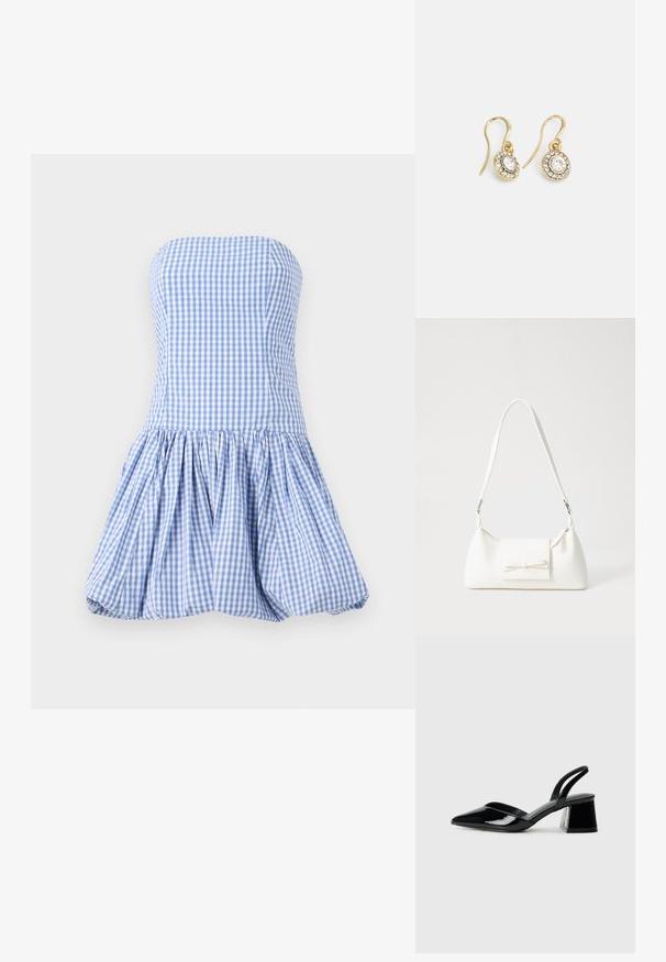Bezramenné šaty v modré a bílé kostkované vzoru, s přiléhavým živůtkem a rozšířenou, nařasenou sukní s texturovaným povrchem.; Černé lakované kožené lodičky na pásku s špičatou špičkou a geometrickým blokovým podpatkem. Vyznačují se elegantním, minimalistickým designem a hladkým povrchem.; Bílá syntetická kabelka v trojúhelníkovém tvaru, s plochým předním klopným víkem a detailem mašle, nastavitelným popruhem, hladkým povrchem a minimalistickým designem.; Náušnice ve zlatém tónu s oválnými průhlednými krystaly obklopenými menšími průhlednými kameny, se zapínáním na háček pro bezpečné nošení.