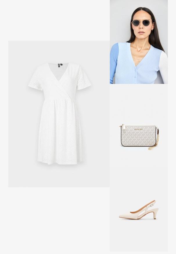 Balta trumpomis rankovėmis suknelė su apvyniojimo dizainu, turinti akių detalių, V formos iškirpę ir plačią sijoną, kuris krenta virš kelių.; Balti slingback kulniukai su smailiu pirštu, lygia viršutine medžiaga, žemu blokuotu kulnu ir šoniniu išpjovimu su reguliuojamu sagtimi.; Apskriti saulės akiniai su tamsiais objektyvais ir auksiniais rėmeliais. Modelis vilki šviesiai mėlyną, raukinį kardiganą su mygtukais ir kontrastingomis baltomis rankovėmis.; Michael Kors rankinė smėlio spalvos dengto kanvoje su pakartotiniu MK logotipo raštu, auksinėmis detalėmis ir nuimamu grandininiu dirželiu.
