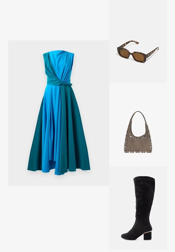 Rochie dintr-o singură piesă în nuanțe gradate de albastru și teal. Prezintă un bust răsucit, design fără mâneci și fustă fluidă, pliată.; Cizme negre până la genunchi din material de daim moale, cu un toc gros și o accente aurii. Textură netedă, design cu vârf rotunjit.; Ochelari de soare cu chelă de broască țestoasă, având un cadru rotund și voluminos, cu lentile maro. Prezintă modele subtile și brațe drepte, conice.; PULL&BEAR SHOPPER - Geantă de pânză - grey