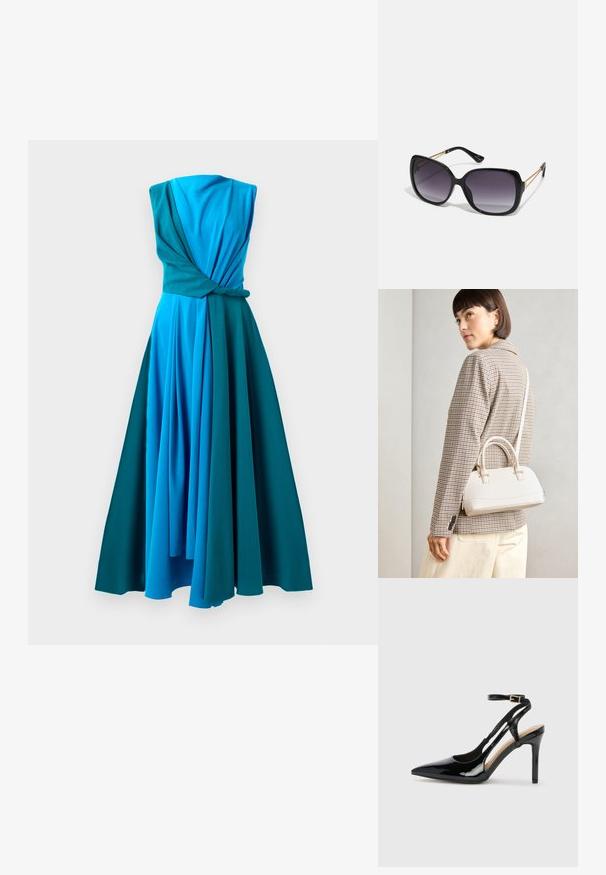 Kombinzo drabužis, išblukusių mėlynos ir žalios spalvų atspalvių. Pasižymi suktiniu liemeniu, be rankovių dizainu ir plaukioti, klostuotą sijoną.; Juodas patentuotas odinis aukštakulnis batelis su siauru pirštu, reguliuojama kulkšnies juosta ir atvirais šonais. Lygi tekstūra.; Juodos didelės saulės akinių su pereinamais objektyvais, storomis rėmeliais ir auksinės spalvos grandinėmis ant šventyklų.; Balta struktūruota rankinė su trumpomis rankenomis ir peties diržu, su auksinėmis detalėmis ir tekstūruota medžiaga, pastatyta prieš pilką foną.