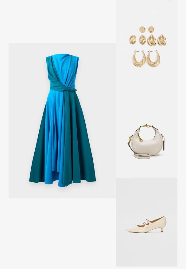 Rochie dintr-o singură piesă în nuanțe gradate de albastru și teal. Prezintă un bust răsucit, design fără mâneci și fustă fluidă, pliată.; Pantofi Mary Jane din piele patent bej, cu două catarame ajustabile, vârf ascuțit și toc mic. Textură netedă cu un finisaj lucios.; Geantă de mână din piele crem, cu o formă de semilună, accesorii aurii, accente negre și o curea detașabilă. Are un detaliu cu lanț și eticheta.; Set de cercei aurii, care include trei perechi: cercei ovale texturate, cercei cu design ondulat și cercei mari tip cerc cu straturi de rigle.