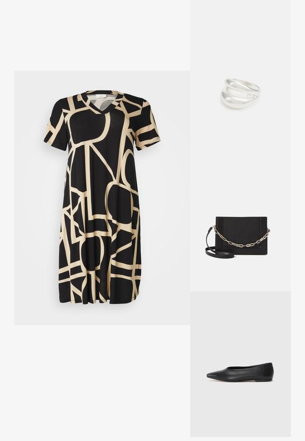 Musta mekko, jossa on lyhyet hihat ja V-pääntie. Tässä on beige abstrakti geometrinen kuvio. Valmistettu pehmeästä, venyvästä kankaasta mukavuutta varten.; Musta nahkainen ballerinatyyppinen kenkä, terävä kärki, minimalinen muotoilu, sileä pinta, matala korko, ei näkyvää metalliosaa tai koristeita.; Musta nahkainen olkalaukku, jossa on sileä pinta, suorakulmainen muoto ja metalliketju yksityiskohtana edessä. Mukana säädettävä hihna.; Hopeinen kaksinkertainen rengas, jossa on sileä, kiillotettu pinta. Siinä on sulava, kaareva muotoilu, jossa on päällekkäisiä osia modernin ilmeen saavuttamiseksi.