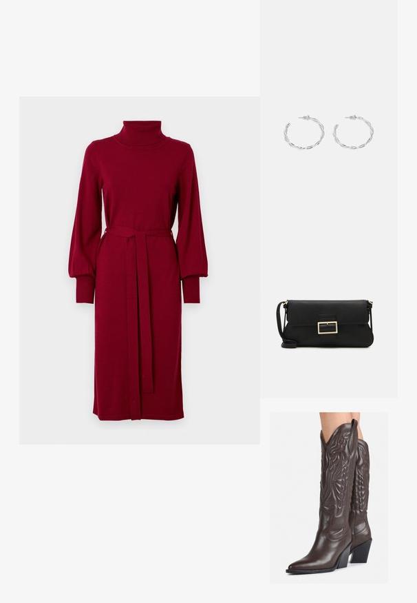 VILA VIAMANDA TURTLE NECK DRESS - Vestido de punto - cabernet; Botas de vaquero de cuero marrón con punta afilada y tacón cuadrado, que presentan costuras detalladas y acentos elevados en el caño.; Bolso de mano de cuero negro con una solapa y un detalle de hebilla de metal dorado. Incluye una correa negra y un diseño elegante y minimalista.; Pendientes de aro de plata con diseño retorcido, que presentan un acabado pulido y cierre de presión. Miden aproximadamente 3 cm de diámetro.