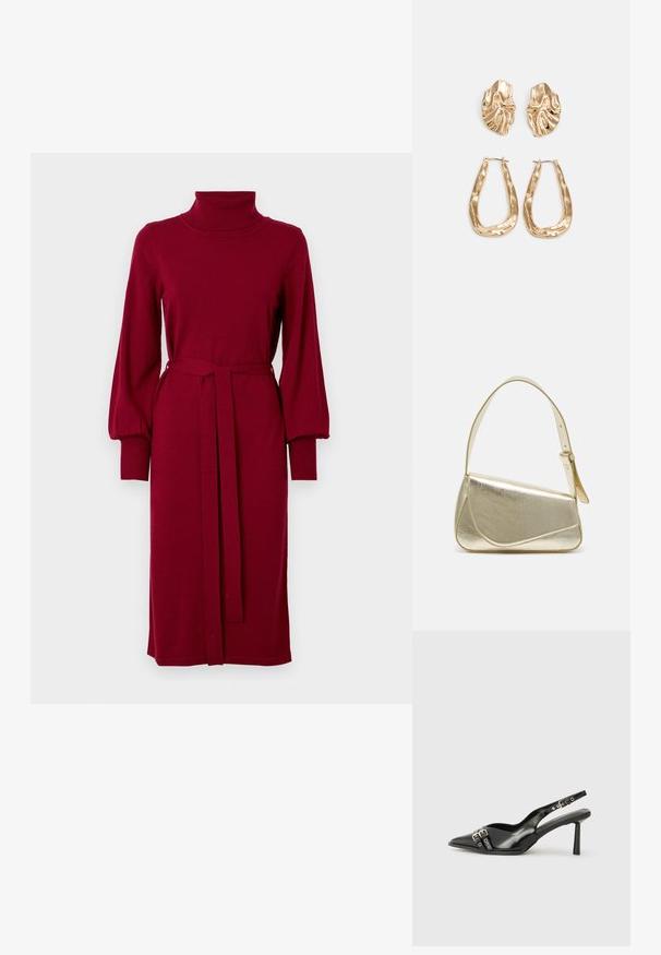 VILA VIAMANDA TURTLE NECK DRESS - Vestido de malha - cabernet; Sapato slingback preto em pele patentada com bico apontado, tiras no tornozelo apresentando fivelas e acessórios prateados, e um salto elegante.; Bolsa de mão metálica dourada com um design estruturado, textura suave e alça ajustável. Apresenta uma forma triangular única e costura minimalista.; Brincos em tom de ouro com formas onduladas e texturizadas. Inclui studs escultóricos com presilha e um design de argola aberta com um acabamento martelado.