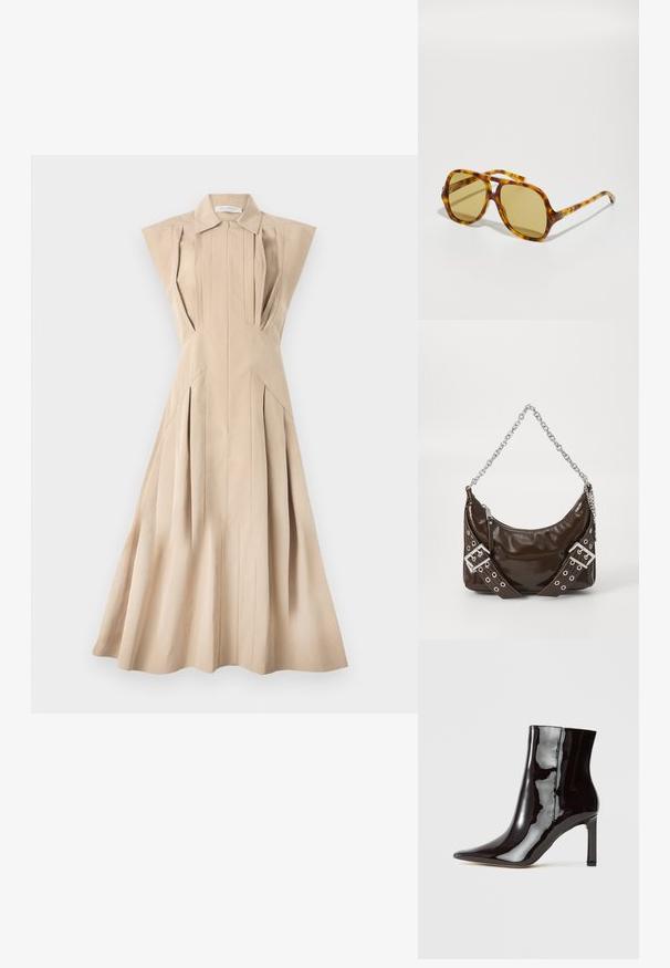 Smėlio spalvos be rankovių suknelė su apykakle, struktūrizuotu liemeniu, vertikaliomis klostėmis ir plačia sijonu, kuris krenta žemiau kelių.; Juodos patentinės odos kulkšnės aulinukai su smailiu pirštu ir elegantiška siluetu. Įrengti stiletto kulnu ir lygiu paviršiumi.; CHLOÉ CH0289S - Akiniai nuo saulės - havana/green; Tamsiai rudos spalvos patentuotos odos rankinė su sidabriniu grandininiu dirželiu, dekoratyviniais dvigubais sagtimis ir užtrauktuku.