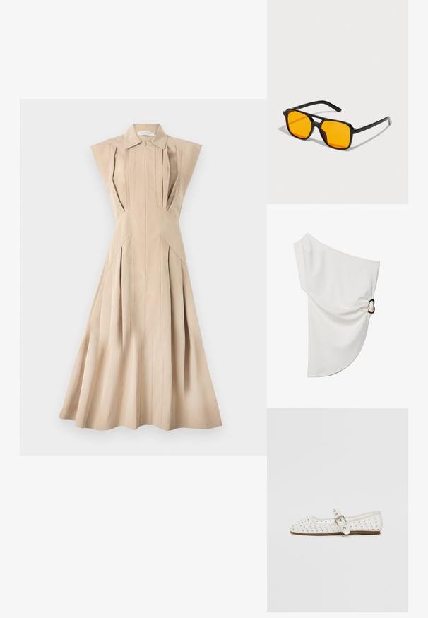 Béžové šaty bez rukávov s golierikom, štruktúrovaným korzetom, vertikálnymi záhybmi a rozšírenou sukňou, ktorá padá pod kolená.; Biela blúzka s odpratovými ramenami vyrobená z hladkej tkaniny, s nariasením a kovovým krúžkovým detailom na jednej strane.; Biele ploché topánky s špicatou špičkou, zdobené striebornými cvočkami, majú pracku cez priehlavok a svetlohnedú podrážku.; Čierne obdĺžnikové slnečné okuliare so výraznými oranžovými šošovkami. Majú jedinečný dizajn mostíka a štíhle ramienka, vyrobené z ľahkého materiálu.