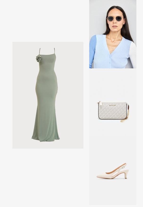 Mėtų žalios spalvos prigludusi maksi suknelė su tiesia iškirpte ir plonomis petnešomis. Kairėje petyje yra raukšlėtas akcentas. Minkšta, lygi medžiaga.; Balti slingback kulniukai su smailiu pirštu, lygia viršutine medžiaga, žemu blokuotu kulnu ir šoniniu išpjovimu su reguliuojamu sagtimi.; Apskriti saulės akiniai su tamsiais objektyvais ir auksiniais rėmeliais. Modelis vilki šviesiai mėlyną, raukinį kardiganą su mygtukais ir kontrastingomis baltomis rankovėmis.; Michael Kors rankinė smėlio spalvos dengto kanvoje su pakartotiniu MK logotipo raštu, auksinėmis detalėmis ir nuimamu grandininiu dirželiu.