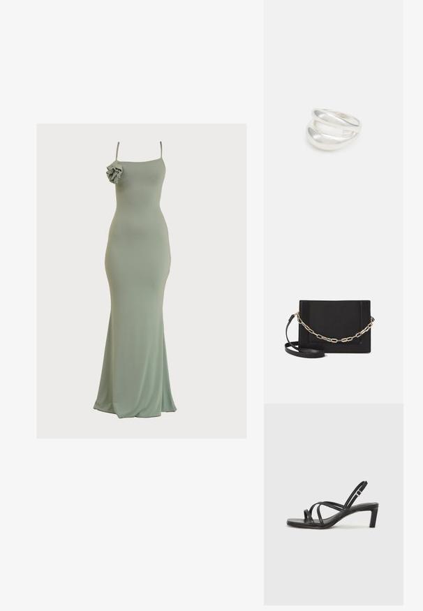 Müntz roheline, nahkadega maksimekko, otse kaeluse ja õhukeste rihmadega. Vasakul õlal on volangide aktsent. Pehme, siledat kangast.; Mustast rihmajalatsid ruudukujulise varba ja madala ploki kontsaga. Omab mitmeid õhukesi rihmasid ja reguleeritavat pahkluu rihma. Valmistatud siledast nahast.; Mustast nahast õlakott, mis omab siledat tekstuuri, ristküliku kuju ning esiküljel metallketi detaili. Reguleeritav rihm on kaasas.; Hõbedane kahekordne rõngas sujuva, poleeritud pinnaga. Omab voolavat, kõverat disaini, millel on kattuvad sektsioonid, et saavutada kaasaegne ilme.