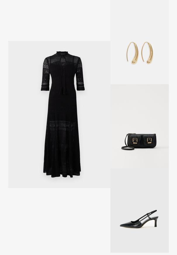 Abito maxi nero con collo alto, intricate decorazioni in pizzo, maniche a tre quarti e fiocchi a frange. Caratterizzato da un tessuto texture e orlo a strati.; Slingback con tacco in vernice nera con punta affusolata, caratterizzato da una stampa a serpente testurizzata, cinturino regolabile e un tacco corto e testurizzato.; Borsa a tracolla nera in pelle con due tasche frontali, fibbie dorate, chiusura con zip e una tracolla sottile. Superficie texturizzata e forma rettangolare compatta.; Orecchini a cerchio in metallo color oro con forma curva ed allungata. Presentano una superficie liscia e lucida e una punta arrotondata per un tocco di dettaglio in più.