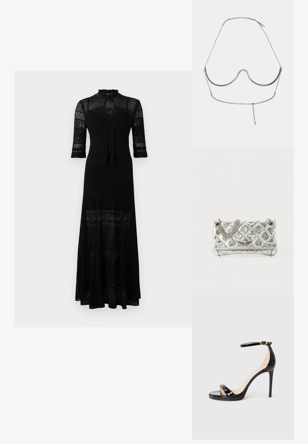 Black maxi dress with a high neckline, intricate lace pattern, three-quarter sleeves, and tassel ties. Features textured fabric and layered hem.; Black patent leather high-heeled sandal with ankle strap and gold buckle, open toe, and slim stiletto heel on a plain background.; Silver metallic handbag with chain handle, quilted texture, decorative stitching, and a zip closure. Features embossed accents on the front.; Cult Gaia ASHA BODY JEWELRY - Other accessories - bright shiny silver-coloured