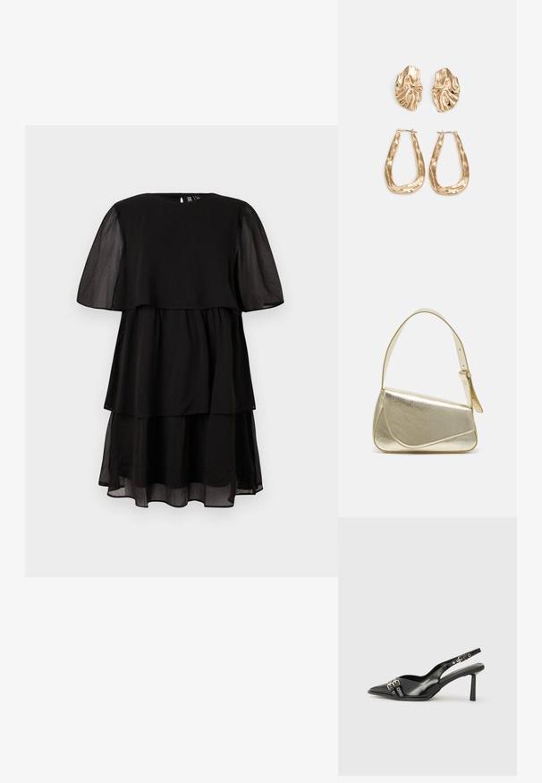 Vestido preto com mangas curtas transparentes, camadas em camadas e decote redondo. Tecido leve com uma textura suave, design minimalista.; Sapato slingback preto em pele patentada com bico apontado, tiras no tornozelo apresentando fivelas e acessórios prateados, e um salto elegante.; Bolsa de mão metálica dourada com um design estruturado, textura suave e alça ajustável. Apresenta uma forma triangular única e costura minimalista.; Brincos em tom de ouro com formas onduladas e texturizadas. Inclui studs escultóricos com presilha e um design de argola aberta com um acabamento martelado.