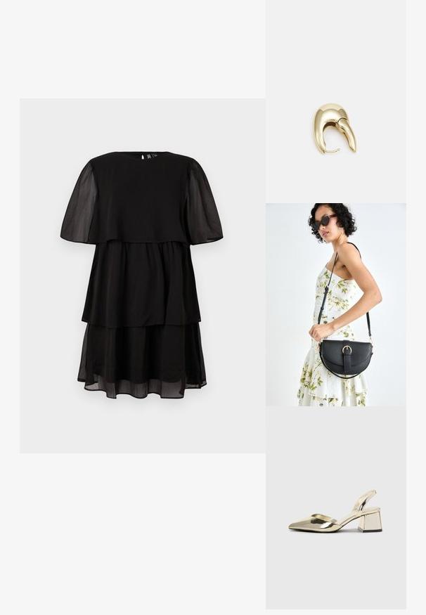 Melna kleita ar īsām caurspīdīgām piedurknēm, daudzslāņaina un ar apaļu izgriezumu. Viegls audums ar gludu tekstūru, minimālisma dizains.; Zeltaini, metāla kurpes ar siksniņām, norakans purngalis un masīla papēdis. Gluda tekstūra, minimālisma dizains un šaura siksna.; Melnas ādas rokassoma ar izliekta formu, noņemamu siksnu un zelta aksesuāriem. Somai ir vāciņš ar sprādzes detaļu.; Zeltīti metāla auskari ar gludu, izliekta dizaina. Ar atšķirīgu smailu formu, pulētu virsmu un eņģu aizdari.