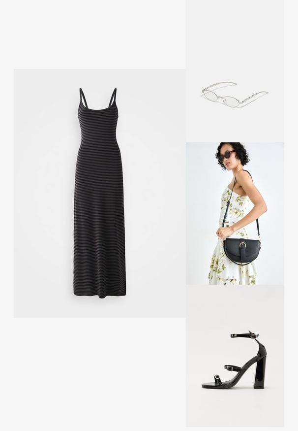 Black and gray striped maxi dress with thin shoulder straps, fitted silhouette, and seamless texture, reaching the ankle.; Black patent high-heeled sandals with two buckle straps, square toe, and a chunky block heel, featuring a smooth, glossy texture.; Oval glasses with a metallic silver frame, clear lenses, and textured beaded temple accents. Lightweight design with curved arms.; Black leather handbag with a curved shape, detachable strap, and gold hardware. The bag features a flap with a buckle detail.