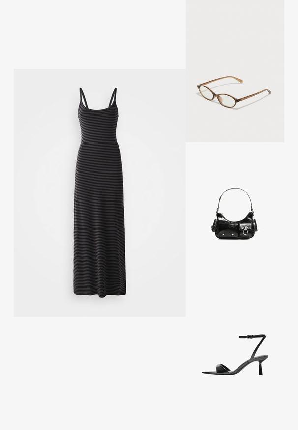 Schwarz- und grau gestreiftes Maxikleid mit dünnen Trägern, tailliertem Schnitt und nahtloser Textur, das bis zum Knöchel reicht.; Bershka High Heel Sandalette - black; Braune Schildpatt-Brille mit ovalen Gläsern, dünnen Bügeln und transparenten Akzenten. Verfügt über ein dezentes Logo am Bügel. Elegantes, leichtes Design.; Schwarze Lackleder-Handtasche mit geschwungenem Design, einem Schulterriemen, Vordertaschen und silberfarbenen Hardware-Akzenten.