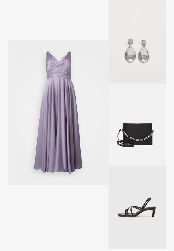 My Mascara Curves - Suknia balowa; Czarne sandały na obcasie z prostokątnym noskiem i niskim słupkowym obcasem. Posiadają wiele cienkich pasków i regulowany pasek na kostkę. Wykonane z gładkiej skóry.; Czarna skórzana torebka typu crossbody z gładką teksturą, prostokątnym kształtem oraz metalowym detalem w postaci łańcuszka z przodu. W zestawie regulowany pasek.; Srebrne kolczyki w kształcie kropli z kwadratowym sztyftem, cechujące się gładkim, polerowanym wykończeniem oraz kształtem łzy, odbijające światło dzięki błyszczącej powierzchni.