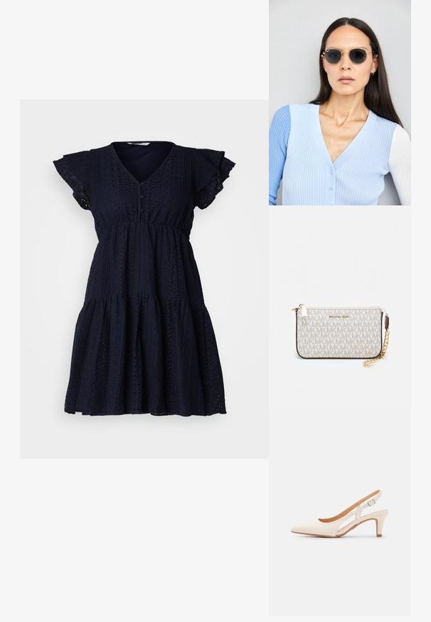 Ναυτικό μπλε φόρεμα με V-λαιμόκοψη, κοντά ριγέ μανίκια, περίπλοκο σχέδιο με οπές και στρώματα σε σχήμα φούσκας με κουμπιά.; Λευκή γόβα slingback με μυτερή μύτη, λείο υλικό επάνω, χαμηλό τετράγωνο τακούνι και σχέδιο με κοπή στο πλάι με ρυθμιζόμενο λουρί κουμπώματος.; Στρογγυλά γυαλιά ηλίου με σκούρους φακούς και χρυσά σκελετό. Το μοντέλο φοράει ένα ανοιχτό μπλε, ριχτό cardigan με κουμπιά και αντίθετους λευκούς μανίκες.; Πορτοφόλι Michael Kors σε μπεζ επεξεργασμένο καμβά με επαναλαμβανόμενο μοτίβο λογοτύπου MK, χρυσές λεπτομέρειες και αποσπώμενη αλυσίδα.