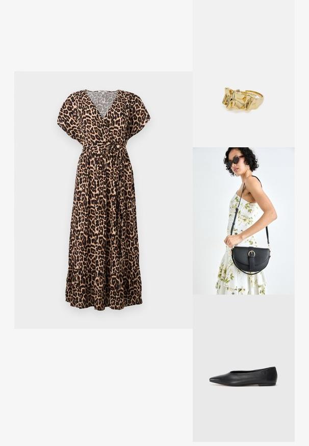 Maxikleid mit Leopardenmuster, V-Ausschnitt, kurzen Ärmeln, Taillenband und gestuftem Saum. Hergestellt aus leichtem Stoff mit lockerer Passform.; Schwarze Leder-Balletschuhe, spitze Zehenform, minimalistische Gestaltung, glatte Textur, niedriger Absatz, keine sichtbaren Beschläge oder Verzierungen.; Schwarze Lederhandtasche mit geschwungener Form, abnehmbarem Tragegurt und goldenen Beschlägen. Die Tasche verfügt über einen Deckel mit einer Schnallen-Details.; Goldring mit strukturiertem, wellenförmigem Design, das drei markante Spitzen aufweist. Glatte, glänzende Oberfläche mit einem offenen Band für einen verstellbaren Sitz.