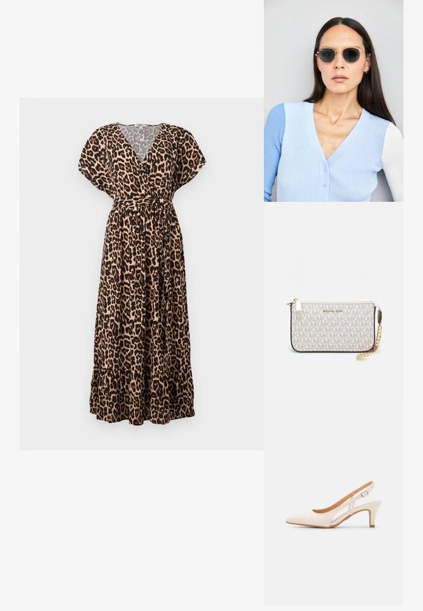 Maxi mekko leopardi-kuviolla, jossa on v-aukko, lyhyet hihat, vyötärösolki ja kerroksellinen helma. Valmistettu kevyestä kankaasta, jossa on väljä istuvuus.; Valkoinen slingback-korkokenkä, jossa on terävä kärki, sileä päällismateriaali, matala lohkokorko ja sivuaukko-design säädettävällä soljella.; Pyöreät aurinkolasit, joissa on tummat linssit ja kultaiset kehykset. Mallilla on päällään vaaleansininen, ribatusta materiaalista valmistettu neuletakki, jossa on napit ja kontrastiväriset valkoiset hihat.; Michael Kors kääröbeige pinnoitettua kangasta, jossa on toistuva MK-logo -kuvio, kultaiset yksityiskohdat ja irrotettava ketjuhihna.