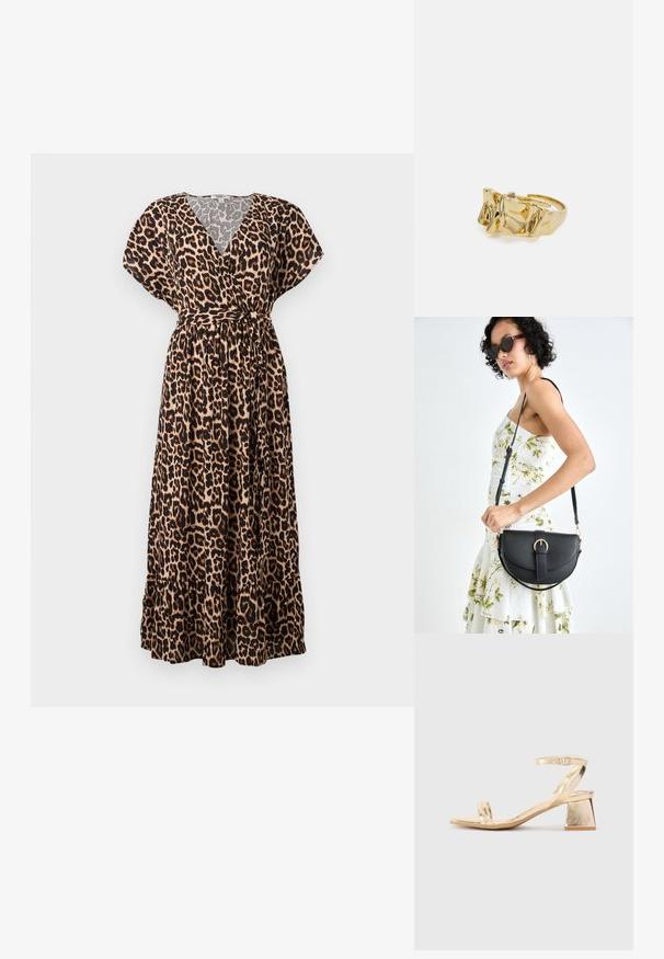 Maksi obleka z vzorcem leoparda, z V-izrezom, kratkimi rokavi, pasom in večplastnim robom. Narejena je iz lahkotnega materiala z ohlapnim krojem.; Zlate metalne sandale na visoki petek z angularnim blok petkom, dvema trakoma nad stopalom in nastavljivim trakom za gleženj. Gladka tekstura.; Črna usnjena torbica s ukrivljeno obliko, z odstranljivo naramnico in zlatimi dodatki. Torbica ima pokrov s podrobnostmi v obliki zaponke.; Zlati prstan z teksturiranim, valovitim dizajnom, ki ima tri izrazite vrhove. Gladka, sijoča površina z odprtim pasom za prilagodljivo prileganje.