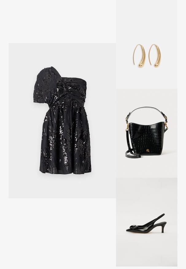 Robe noire à une épaule en tissu doux, ornée de sequins dispersés, avec une taille froncée et une jupe fluide.; Chaussure slingback en cuir verni noir avec un bout pointu, un petit talon et un accent de nœud prononcé sur le devant. Texture lisse et design élégant.; Sac en cuir noir à motif crocodile, de forme courbée, avec des accents en métal doré, une bandoulière ajustable et un détail de logo à l'avant.; Boucles d'oreilles en métal doré en forme d'anneau, avec une forme courbée et allongée. Elles présentent une surface lisse et brillante avec une pointe arrondie pour un détail supplémentaire.
