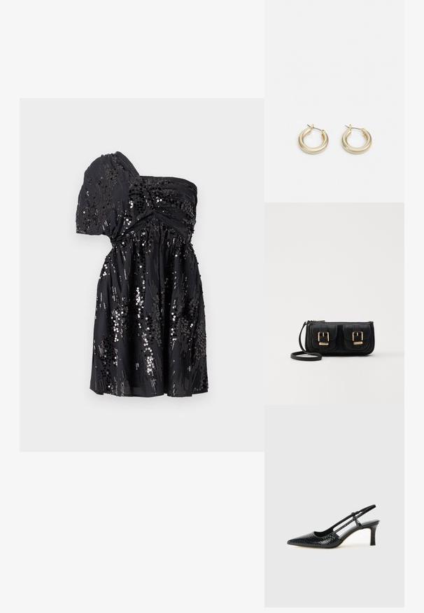 Juodas vieno peties suknelė, pagaminta iš minkštos medžiagos, puošta atsitiktiniais blizgučiais, turinti susiraukšlėjusią juosmenį ir laisvai krintančią sijoną.; Juodai lakuoti slingback aukštakulniai su smailiu nosiu, su tekstūruotu gyvatės raštu, reguliuojama juosta ir trumpu, tekstūruotu blokiniu kulnu.; Juodas odinis per petį nešiojamas krepšys su dviem priekiniais kišenėmis, auksiniais sagtimis, užtrauktuko uždarymu ir siauromis petnešomis. Textūruota paviršius ir kompaktiškas stačiakampis formatas.; Lauren Ralph Lauren BASIC SMALL HOOP - Auskarai - gold-coloured