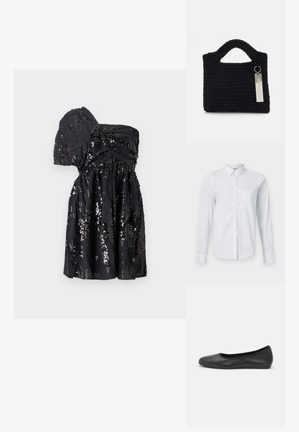 Černé jedno ramenní šaty vyrobené z měkké tkaniny, zdobené rozptýlenými flitry, s nařaseným pasem a splývavou sukní.; Bílá košile s dlouhým rukávem vyrobená z bavlny, se stojatým límcem, zapínáním na knoflíky vpředu a s jednou náprsní kapsou. Hladká textura. Bez vzorů.; Černé kožené baletní byty s kulatou špičkou, hladkou texturou, minimálními švy a flexibilním designem podrážky.; Won Hundred MARSIELLE COMPUTER BAG UNISEX - Taška na laptop - black