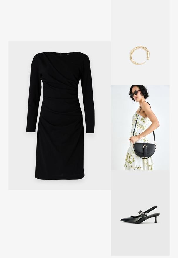 Juodas ilgas rankovėmis suknelė su drapiruoto dizaino, apvalia kaklo iškirpte ir susiraukšlėjimo detale juosmens srityje. Lygus audinio paviršius.; Juodai lakuoti slingback aukštakulniai su smailiu kojų pirštu ir mažais blokiniais kulniukais, su sidabro sagtimi ant dirželio.; Juodas odinis krepšys su išlenkta forma, nuimamu dirželiu ir auksiniais detalėmis. Krepšys turi kilpą su sagtimi.; Auksinės spalvos žiedas, turintis organišką, sukimosi dizainą su lygiu paviršiumi ir siaurėjančiais galais, sukuriantis modernią skulptūrinę išvaizdą.