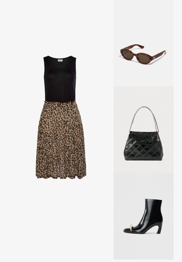 Melnā bezpaliku topiņš ar leopardu rakstu, maigs brūns svārku. Svārkiem ir savilkts elastīgs josta un plūstoša auduma tekstūra.; Melnas potītes zābaki, izgatavoti no spīdīgas ādas, ar smailu purngalu un dekoratīvu zelta un sudraba akcentu priekšpusē. Bloka papēža dizains.; Tortoise krāsas saulesbrilles ar noapaļotiem ietvariem, tumšiem stikliem un zelta logotipa detaļām uz tempļiem. Gluda plastmasas materiāls, bez redzamām rakstu formām.; Melnas šūtas ādas rokassomas ar sudraba krāsas ķēdes rokturi, tai ir strukturēts dizains un gluda tekstūra.