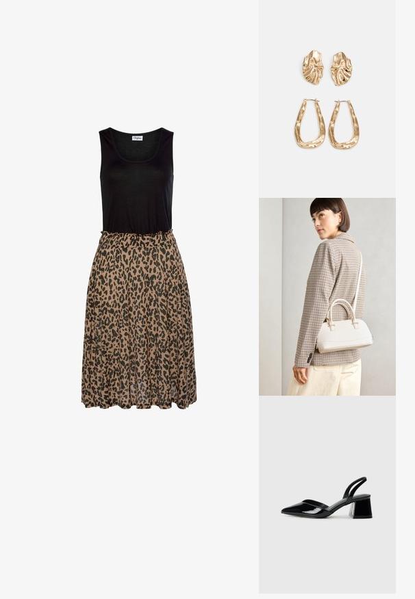 Crna majica bez rukava s uzorkom leoparda, mekana smeđa suknja. Suknja ima nabranu elastiku u struku i prozračnu teksturu tkanine.; Crne lakirane kožne sandale s otvorenom petom i špicastim vrhom, s geometrijskom blok petom. Imaju elegantan, minimalistički dizajn i glatku teksturu.; Bijela strukturna torba s kratkim ručkama i remenom za rame, s zlatnim metalnim detaljima i teksturiranim materijalom, prikazana na sivoj pozadini.; Naušnice zlatne boje s teksturiranim, valovitim oblicima. Uključuju skulpturalne kopče i dizajn otvorene kružnice s kovanom završnom obradom.