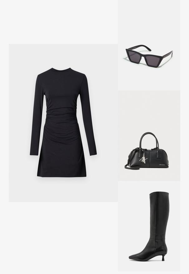 Vestido negro de manga larga hecho de un material elástico, con fruncido en la cintura y un dobladillo corto; textura suave sin patrones.; Zign Botas - black; Gafas de sol negras y angulares con lentes grises; fabricadas en plástico, con varillas gruesas de superficie suave y sin herrajes visibles.; Bolso de mano de piel negra con forma redondeada, dos asas superiores, correa para el hombro ajustable y detalles en hardware plateado. Presenta un charm con el logo.