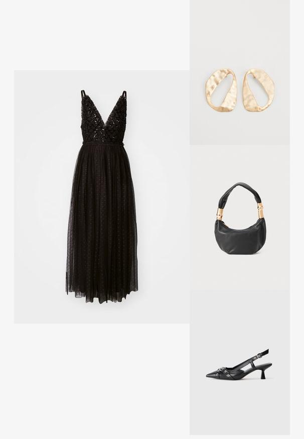 Needle & Thread HEART LATTICE CAMI ANKLE GOWN - Cocktailkleid/festliches Kleid - graphite; Schwarzer Leder-Slingback-Schuh mit spitz zulaufender Zehenpartie, dekorativen Riemen mit METALLÖSEN und niedrigem Blockabsatz. Strukturelle Oberfläche.; Schwarze Lederhandtasche mit runder Form, weicher Textur und einem geknoteten Griff mit goldfarbenen Hardware-Akzenten. Reißverschlussverschluss.; Ein Paar unregelmäßige, oval geformte Ohrringe aus goldfarbenem Metall mit einer strukturierten, leicht gehämmerten Oberfläche auf weißem Hintergrund.