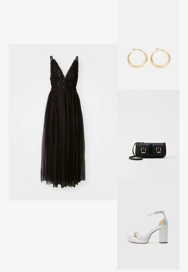 Needle & Thread HEART LATTICE CAMI ANKLE GOWN - Kokteiļkleita/ballīšu kleita - graphite; Sudraba spīdīga augstpapēžu sandale ar platu bloka papēdi, atvērtu purngali un regulējamu potītes siksnu. Gluda iekšpuse un teksturēta ārpuse.; Melnas ādas crossbody soma ar divām priekšējām kabatām, zelta sprādzēm, ar rāvējslēdzēju aizdari un šauru siksnu. Strukturēta virsma un kompakta taisnstūra forma.; Zelta krāsas auskari ar gludu, noapaļu dizainu, aprīkoti ar plānu stieples aizdari un pulētu apdari, lai iegūtu mirdzošu izskatu.